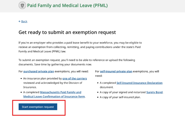 Screenshot of the PFML employer portal showing where to find the button to start an exemption request.