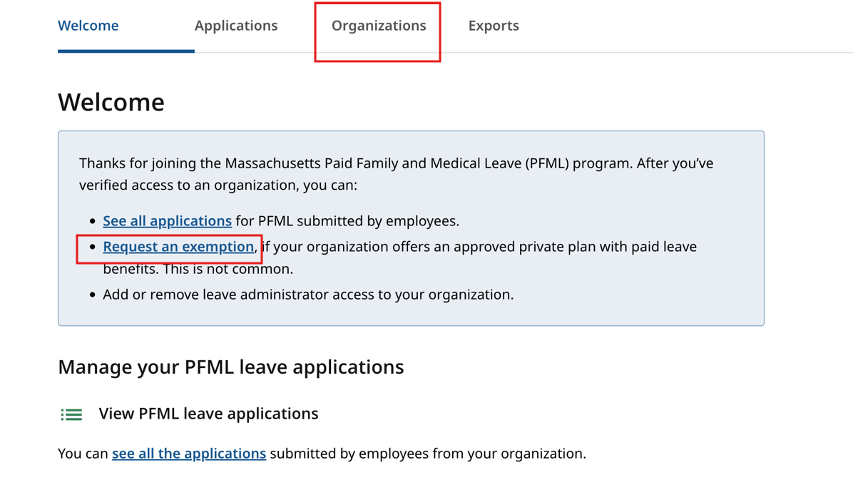 Screenshot of the PFML employer portal with boxes showing where to find the organization tab and the link to request an exemption.