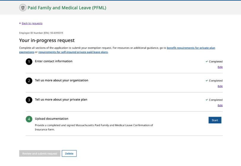 Screenshot of the exemption request process in the PFML employer portal