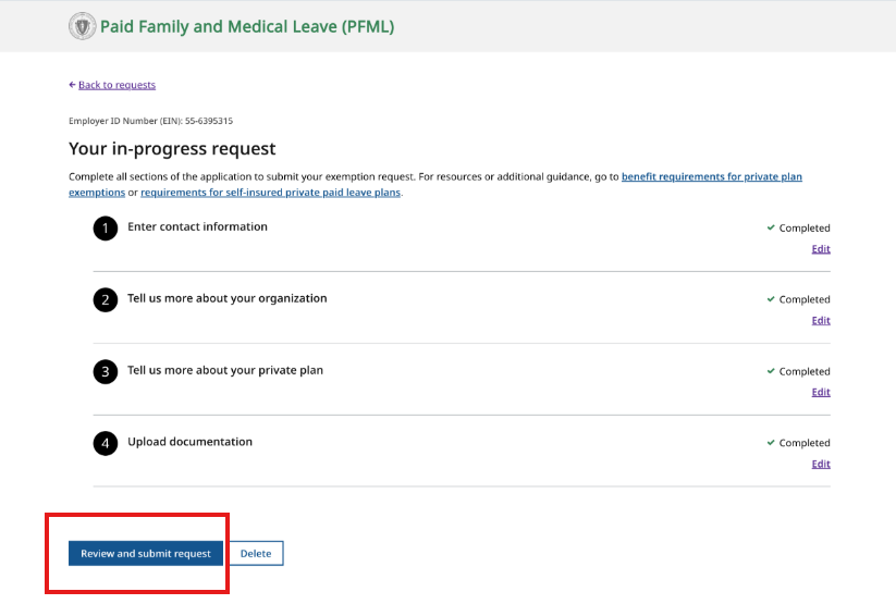 Screenshot of the PFML employer portal showing where to review and submit your exemption request.