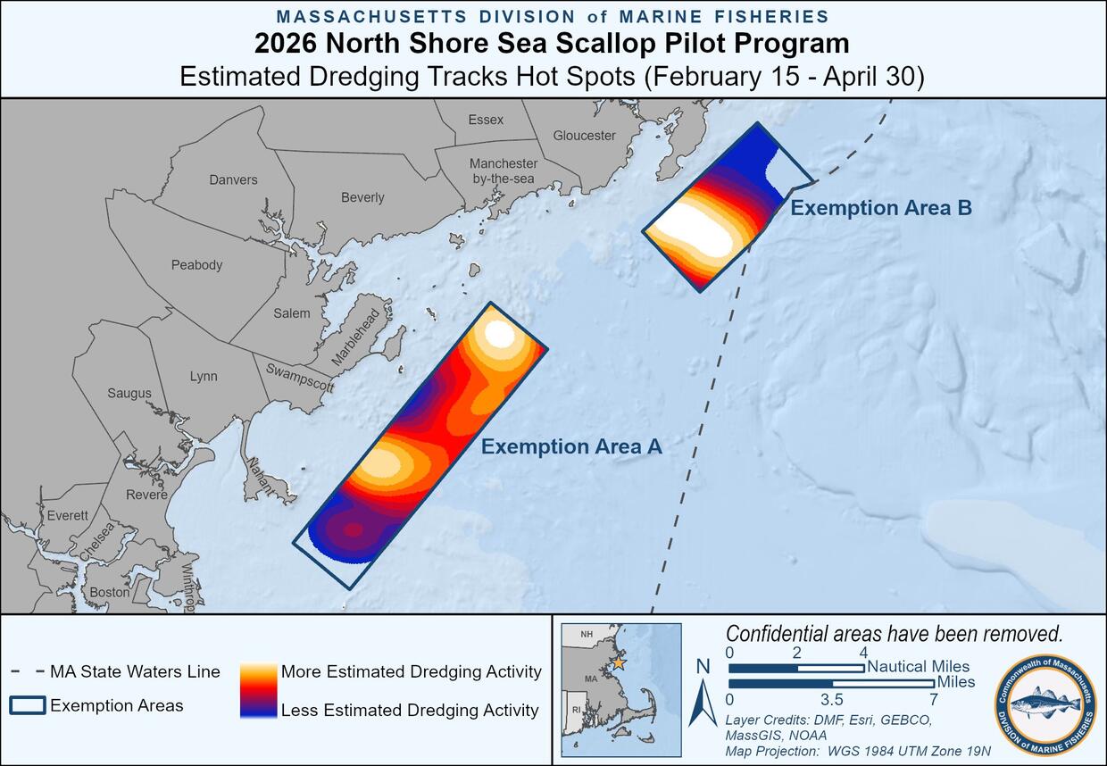 Areas open to scallop fishing during pilot program near Gloucester and Marblehead, with most dredging activity near Beverly, Swampscott, and Gloucester.