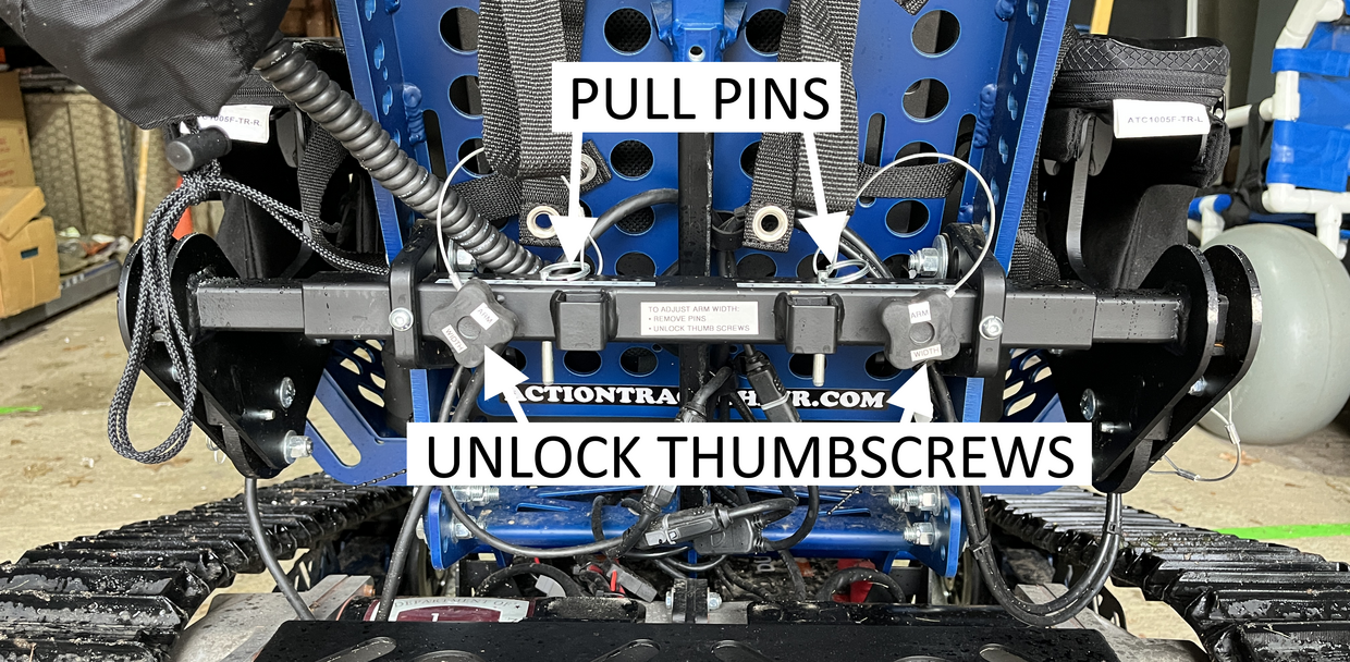 The back of the Trackchair the hardware to adjust the arm width.