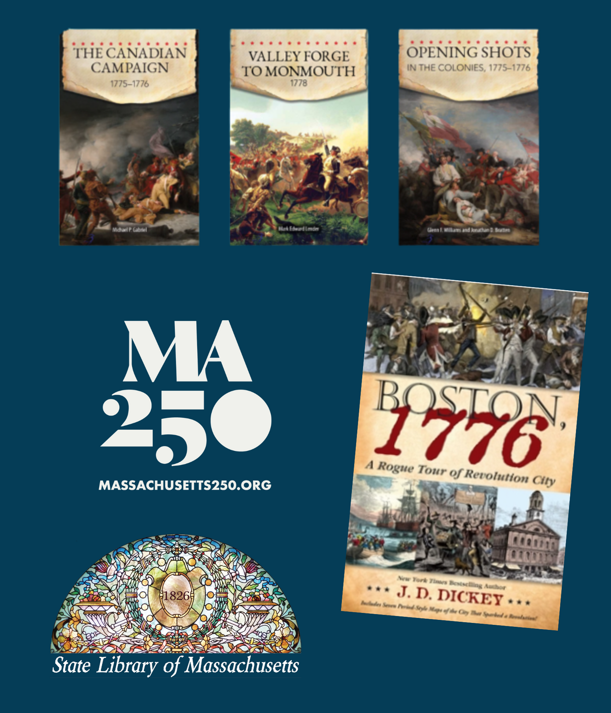 Book covers of new titles at the State Library about the American Revolution