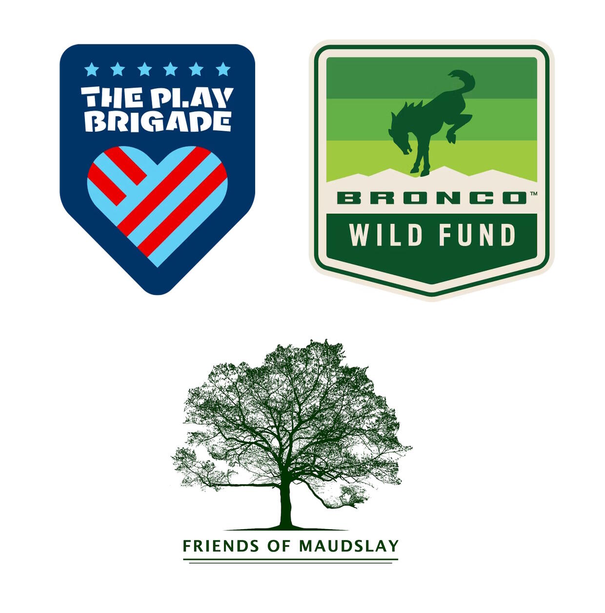 Logos of The Play Brigade, Bronco Wild Fund, and Friends of Maudslay.