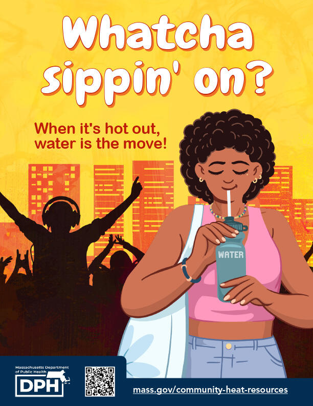 Illustration of a woman drinking water at an outdoor concert on a hot day