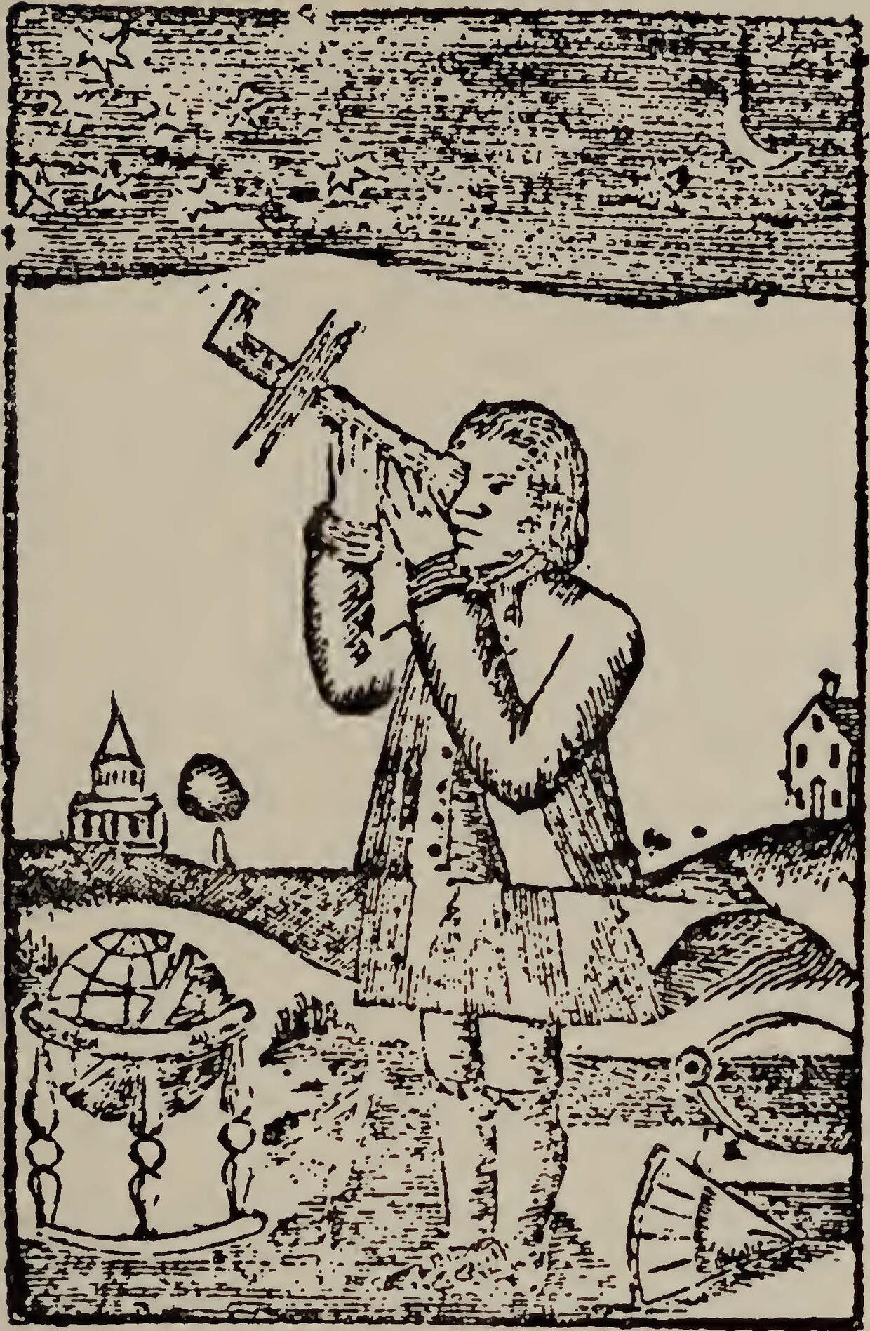 1776 woodcut from Bickerstaff's Boston Almanac featuring a man with an astrolabe looking at the stars, surrounded by astronomer’s instruments.