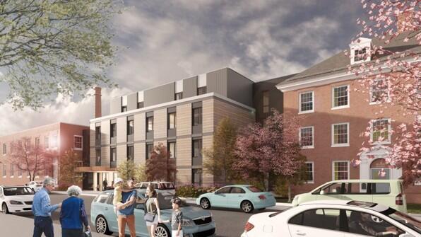 Rendering of connector building from Phase 1 of Pennrose redevelopment.