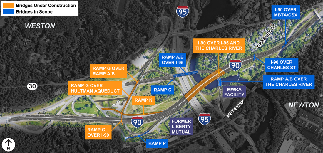 Map displaying bridges and ramps near I-90 and I-95 between Newton and Weston, Massachusetts, under construction and in scope.