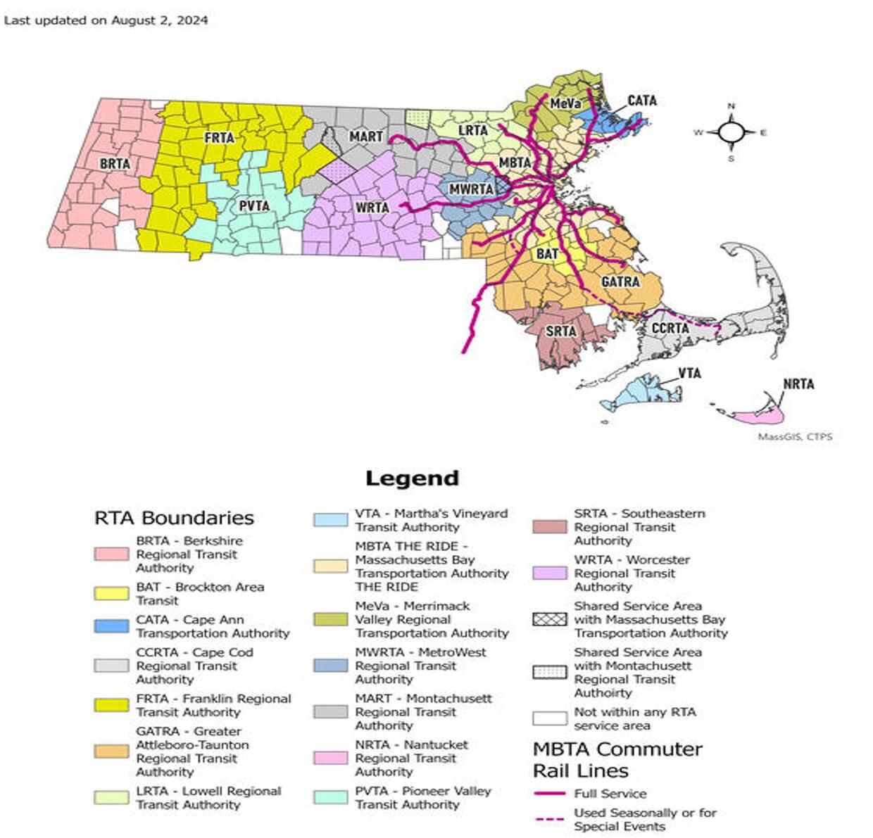 This is a map of Massachusetts showing the service areas for the 15 RTAs and the Massachusetts Bay Transportation Authority, including commuter rail and the RIDE services. More information in caption.