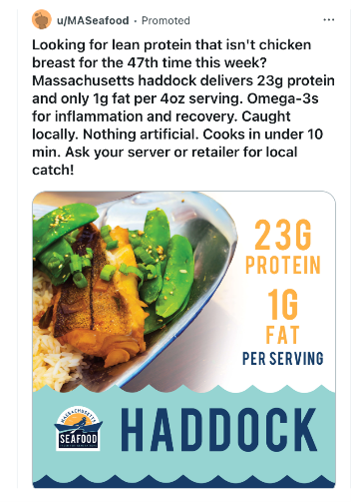Cooked fish with nutritional facts and "Haddock" on the infographic. 