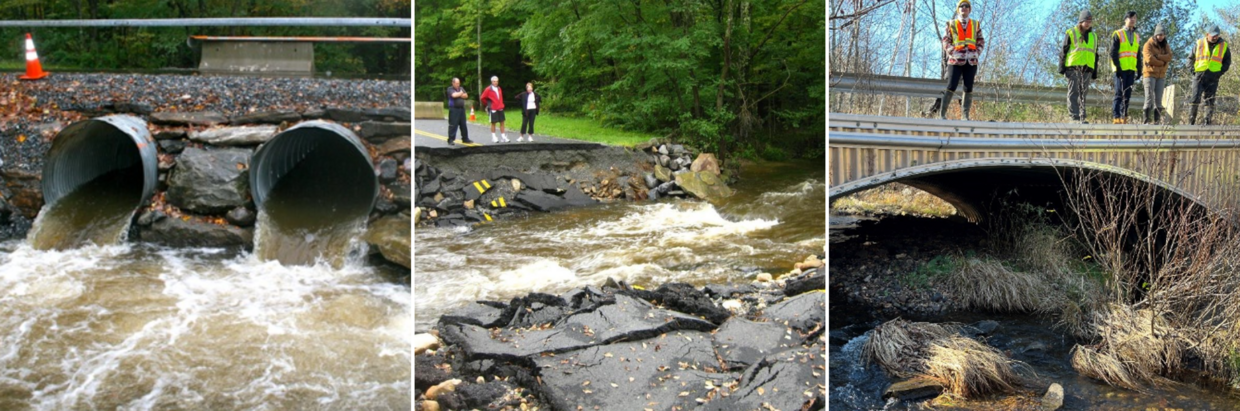 Three images of water flowing out of two pipe culverts pre-replacement, water rushing through a washed out road, and water flowing easily under a bridge.