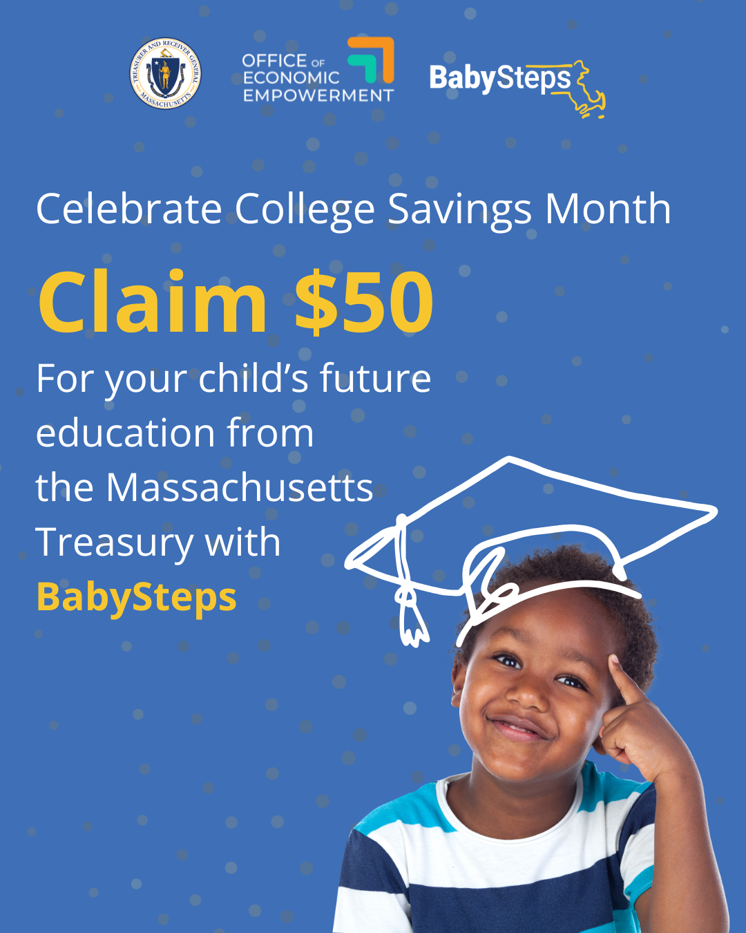 College Savings Month social media graphic encouraging residents to sign up for BabySteps; details follow in table.