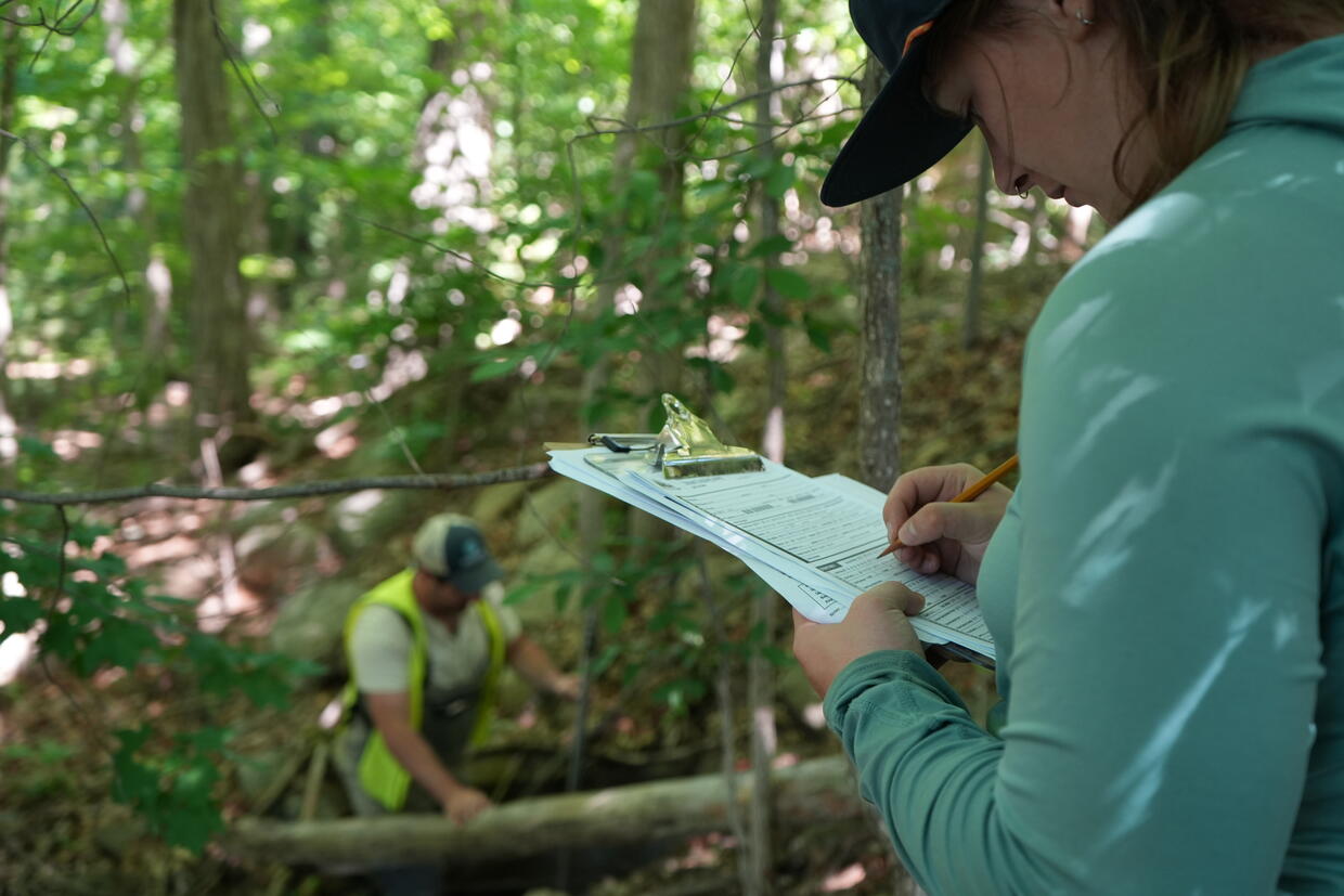 A person with a clipboard writes something down while someone in the background takes measurements.