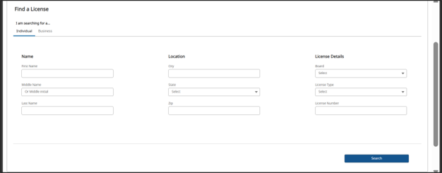 Find a license screenshot