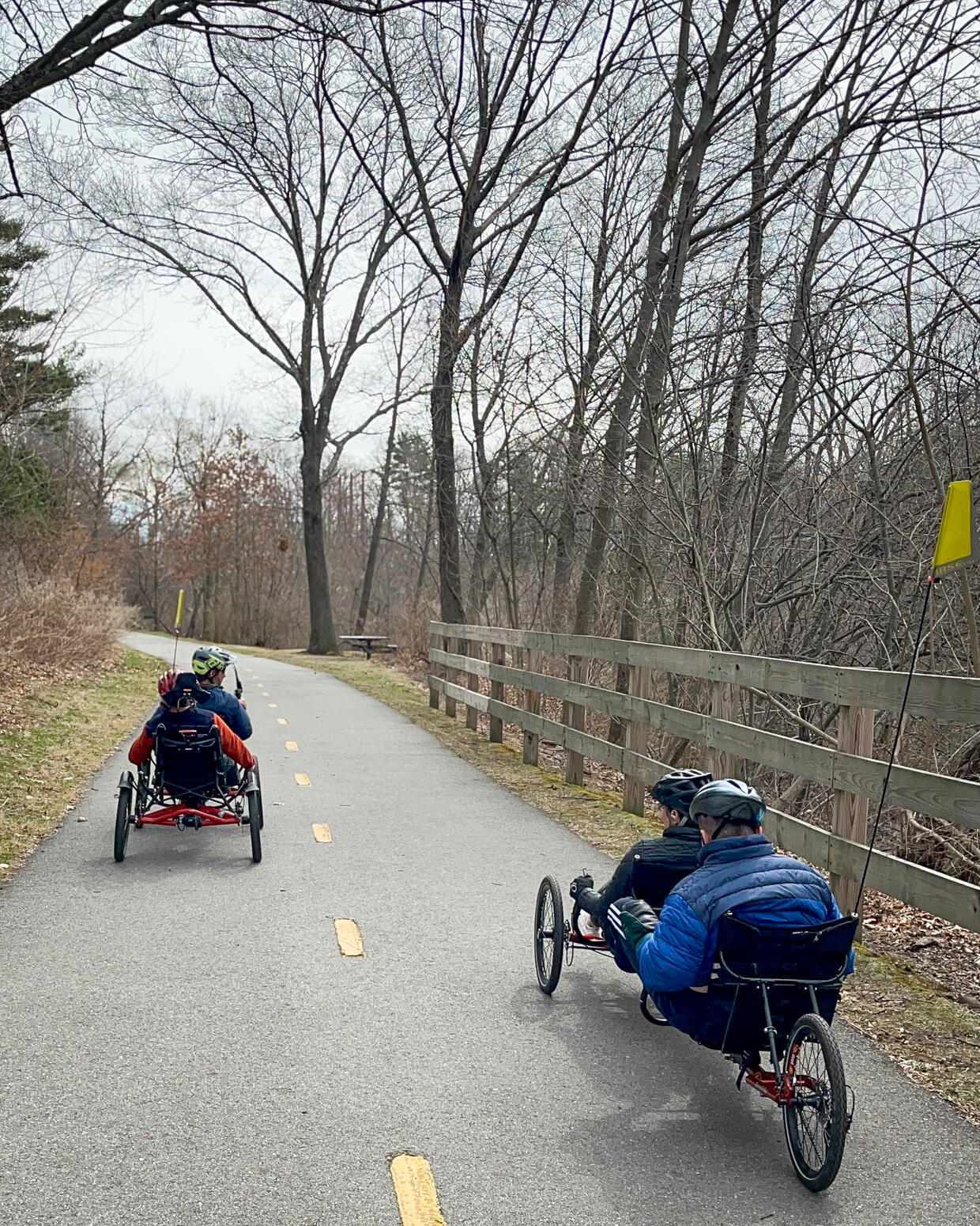 People are peddling 2 recumbent cycles along a paged bike path in autumn.
