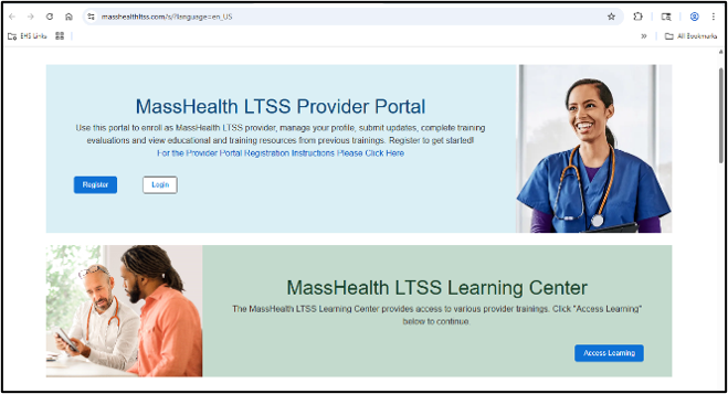 Homepage of the Long Term Services and Supports provider portal. 