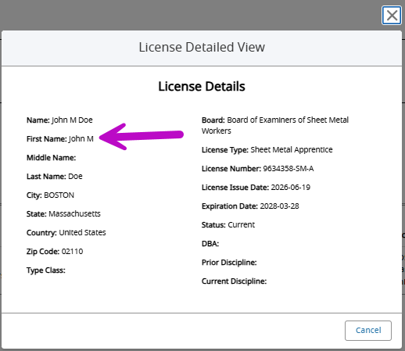 License detailed view screenshot
