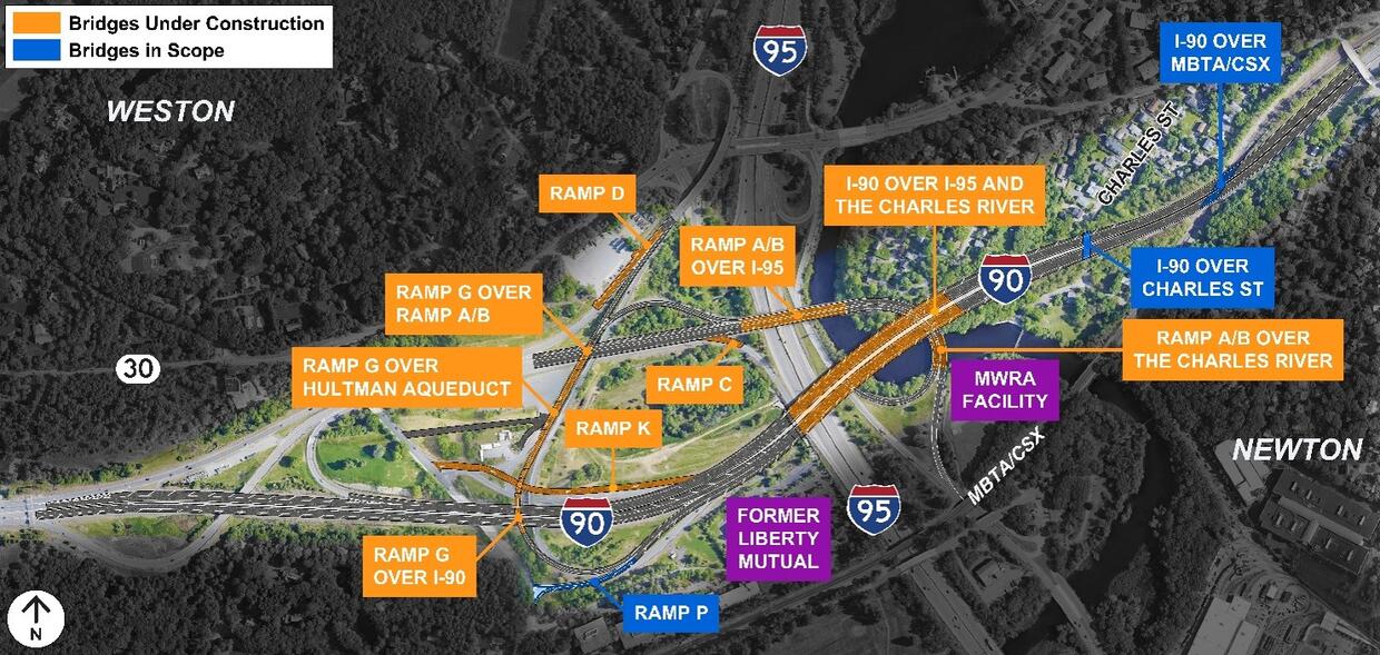 Map displaying bridges and ramps near I-90 and I-95 between Newton and Weston, Massachusetts, under construction and in scope.