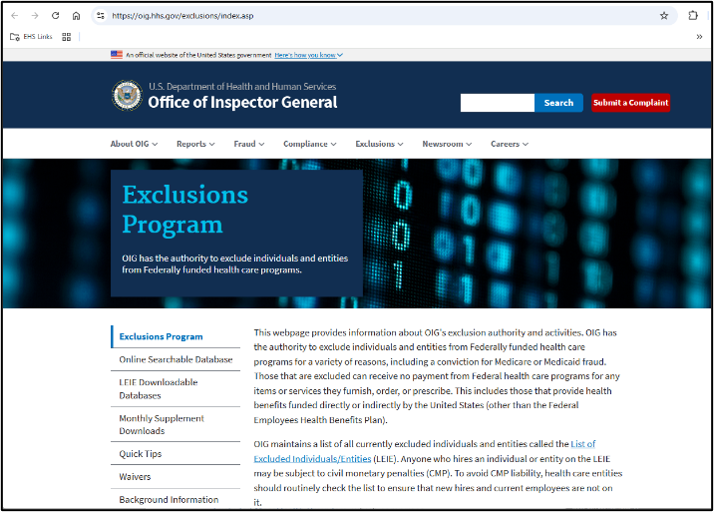 Homepage for the Exclusions Program on the Office of the Inspector General's website