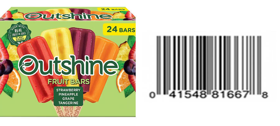 Outshine 24-count Fruit Bars Variety Pack containing strawberry, pineapple, grape, and tangerine flavors, shown beside UPC 041548816678.