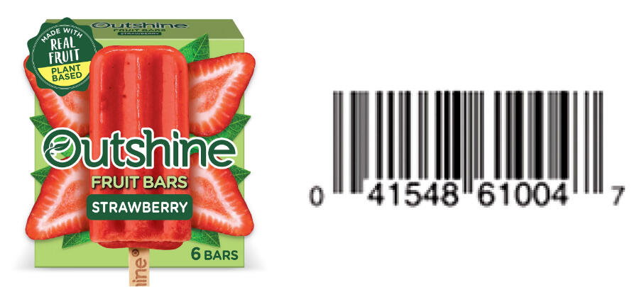 Outshine Strawberry Fruit Bars six-count package, shown beside UPC 041548610047.