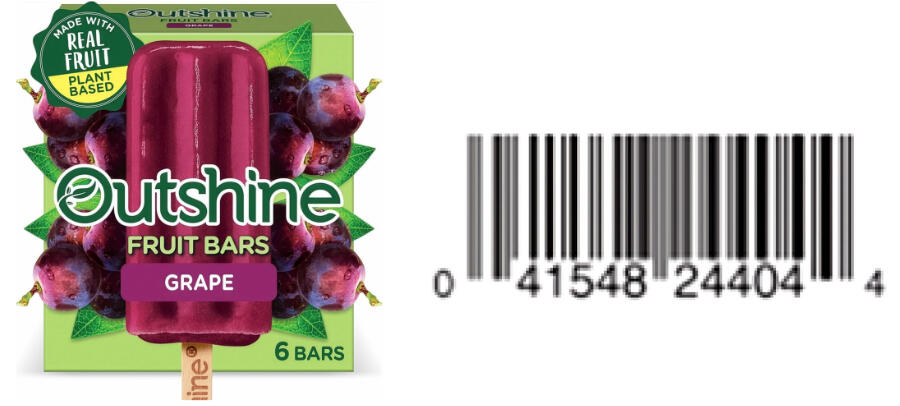 Outshine Grape Fruit Bars six-count package, shown beside UPC 041548244044.