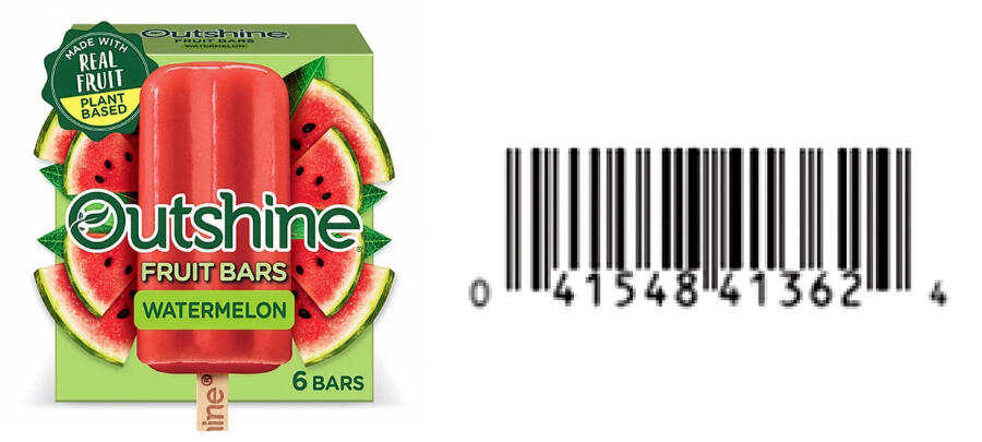 Outshine Watermelon Fruit Bars six-count package, shown beside UPC 041548413624.