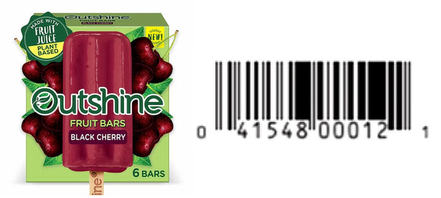 Outshine Black Cherry Fruit Bars six-count package, shown beside UPC 041548000121.