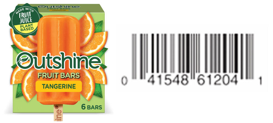 Outshine Tangerine Fruit Bars six-count package, shown beside UPC 041548612041.
