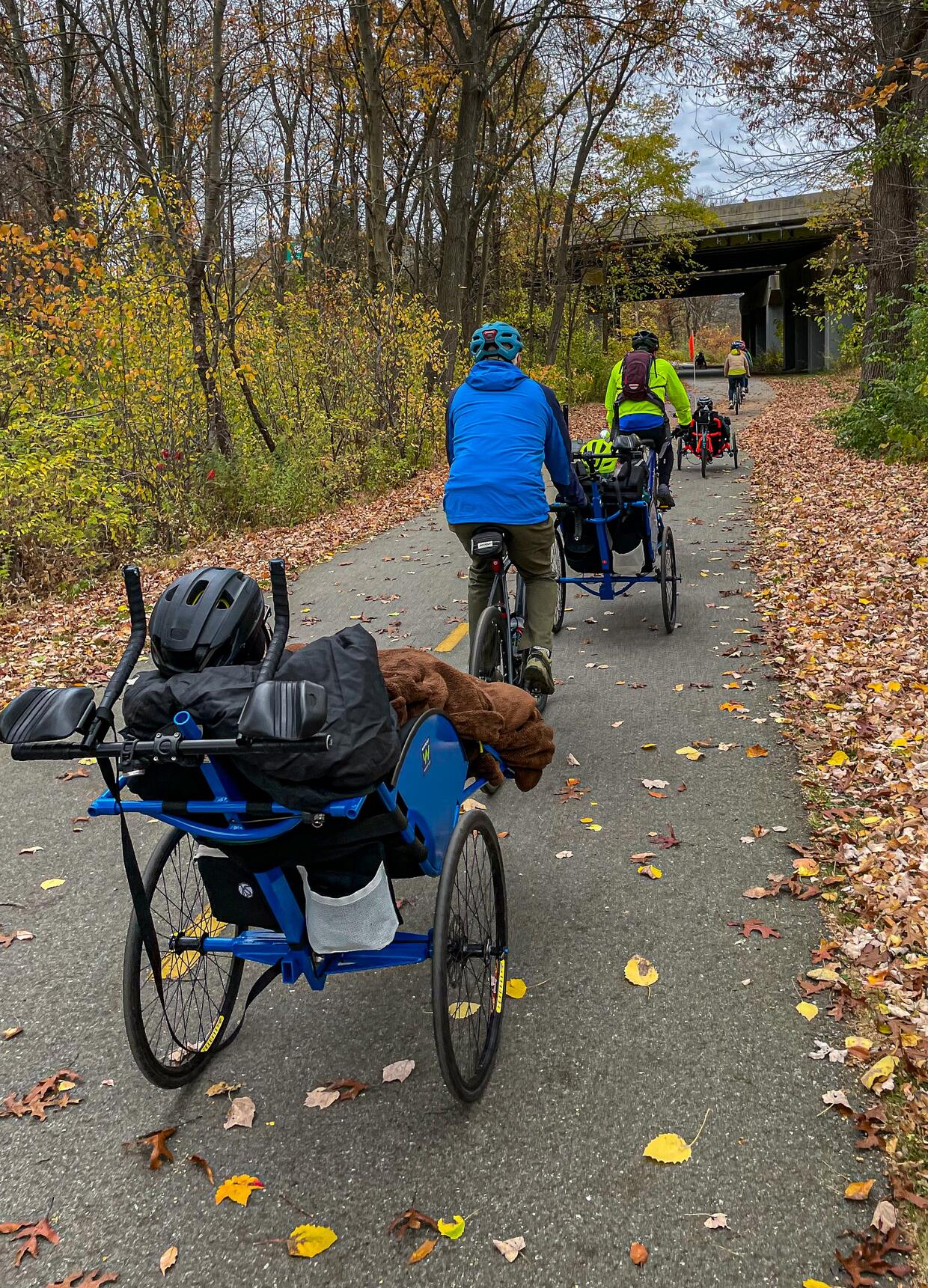 A group of people ride a variety of tandem adaptive cycles  along a paved bike path in autumn. 