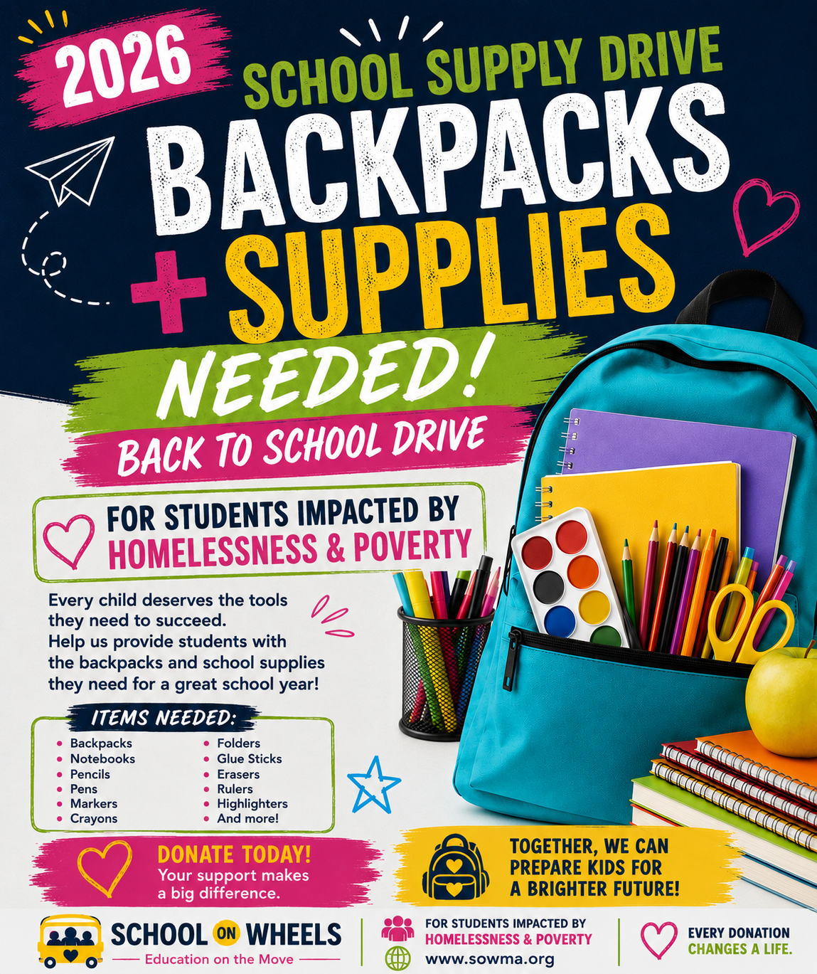 Poster promoting school supply drive for students impacted by homelessness and poverty