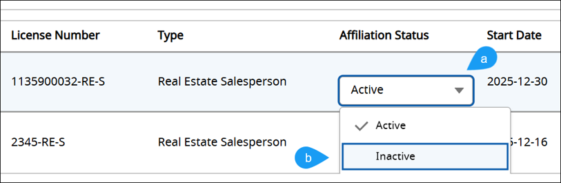 Remove an Affiliation Screenshot