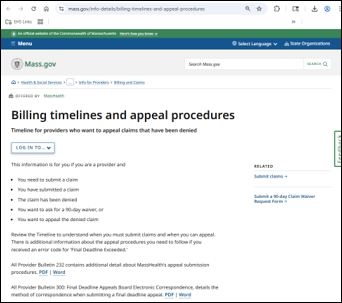 Mass.gov page titled "Biling timelines and appeal procedures"