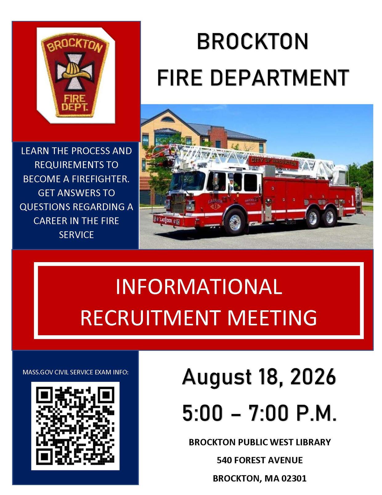 Brockton Fire Department Informational Flyer with date, time and address.