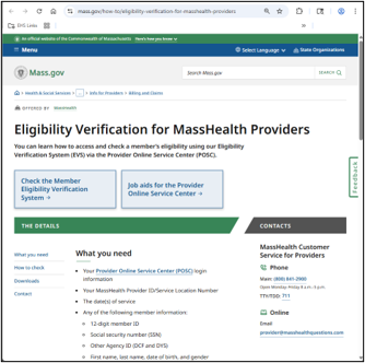 Mass.gov webpage titled "Eligibility Verification for MassHealth Providers"