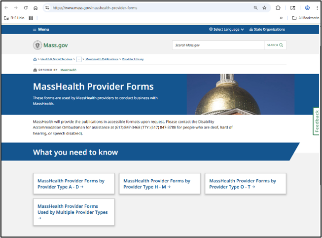 Mass.gov webpage directing providers to MassHealth forms by provider type.