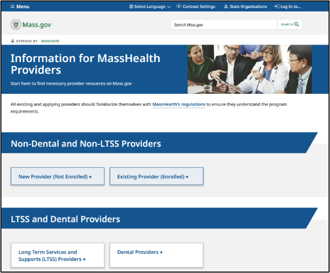 Mass.gov landing page titled "Information for MassHealth Providers" with buttons that direct to different provider pages. 