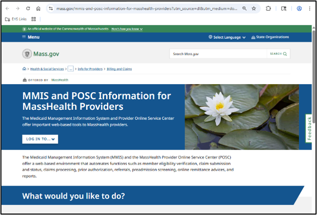 Mass.gov webpage directing providers to MMIS and POSC info for MassHealth providers.