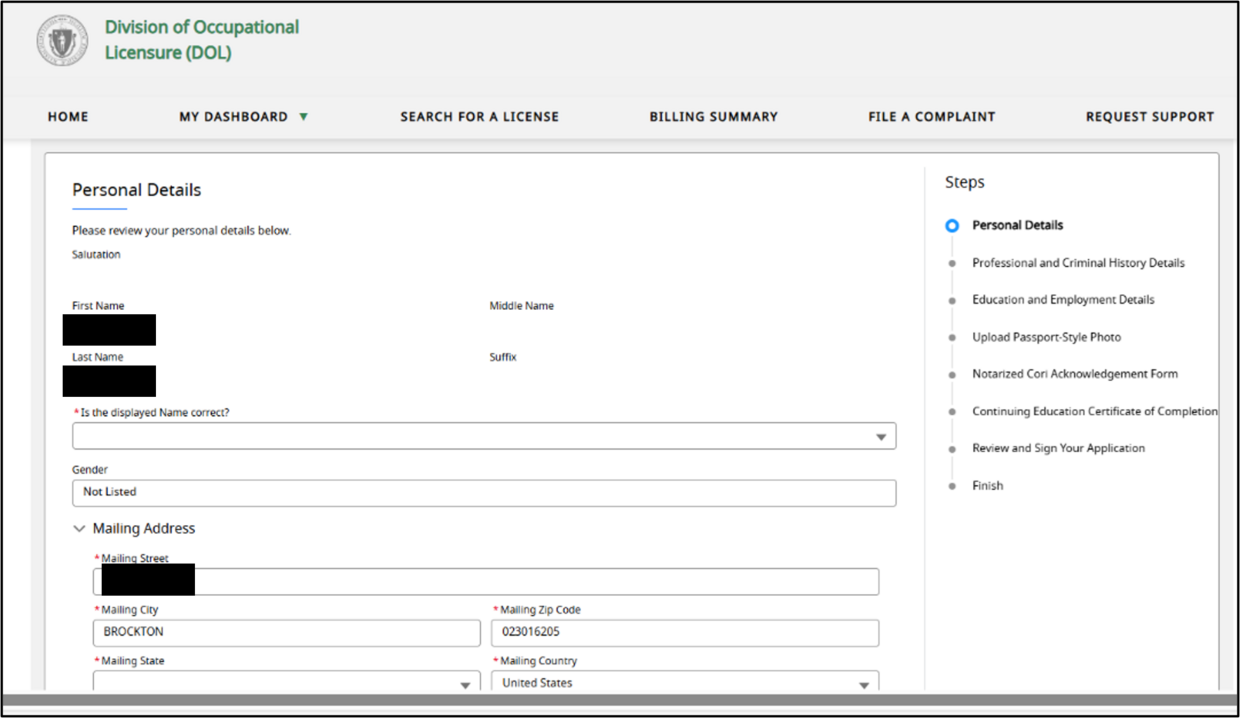 Personal Details Screenshot