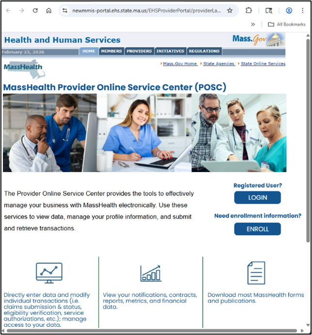 Homepage of the MassHealth Provider Online Service Center
