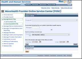 MassHealth Provider Online Service Center page for managing batch files