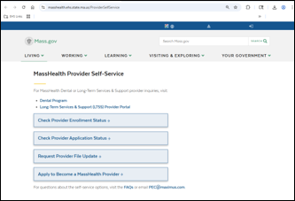Homepage of the MassHealth Provider Self-Service options