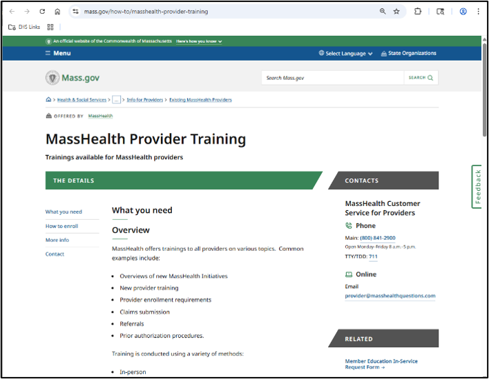Mass.gov webpage directing providers to training overview resources