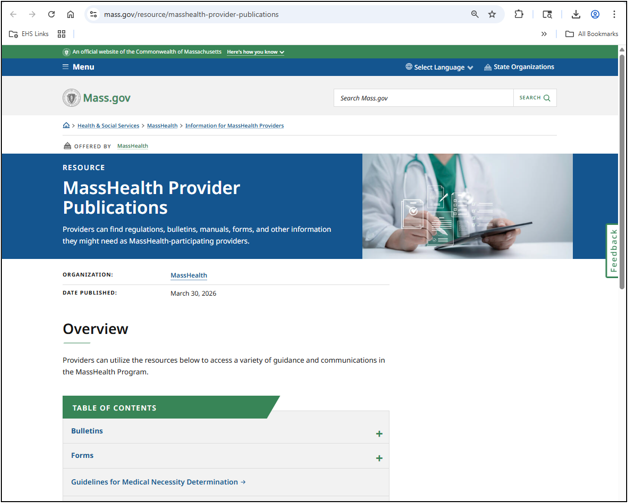 MassHealth Provider Publications homepage with headings "Bulletins," "Forms," and "Guidelines for Medical Necessity Determination."