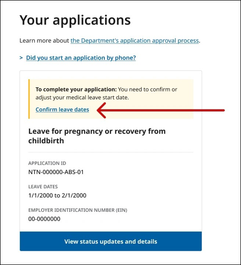 screenshot of the PFML portal confirm leave dates