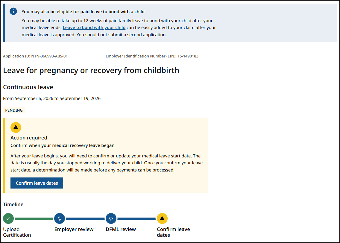 screenshot of the PFML portal confirm leave dates