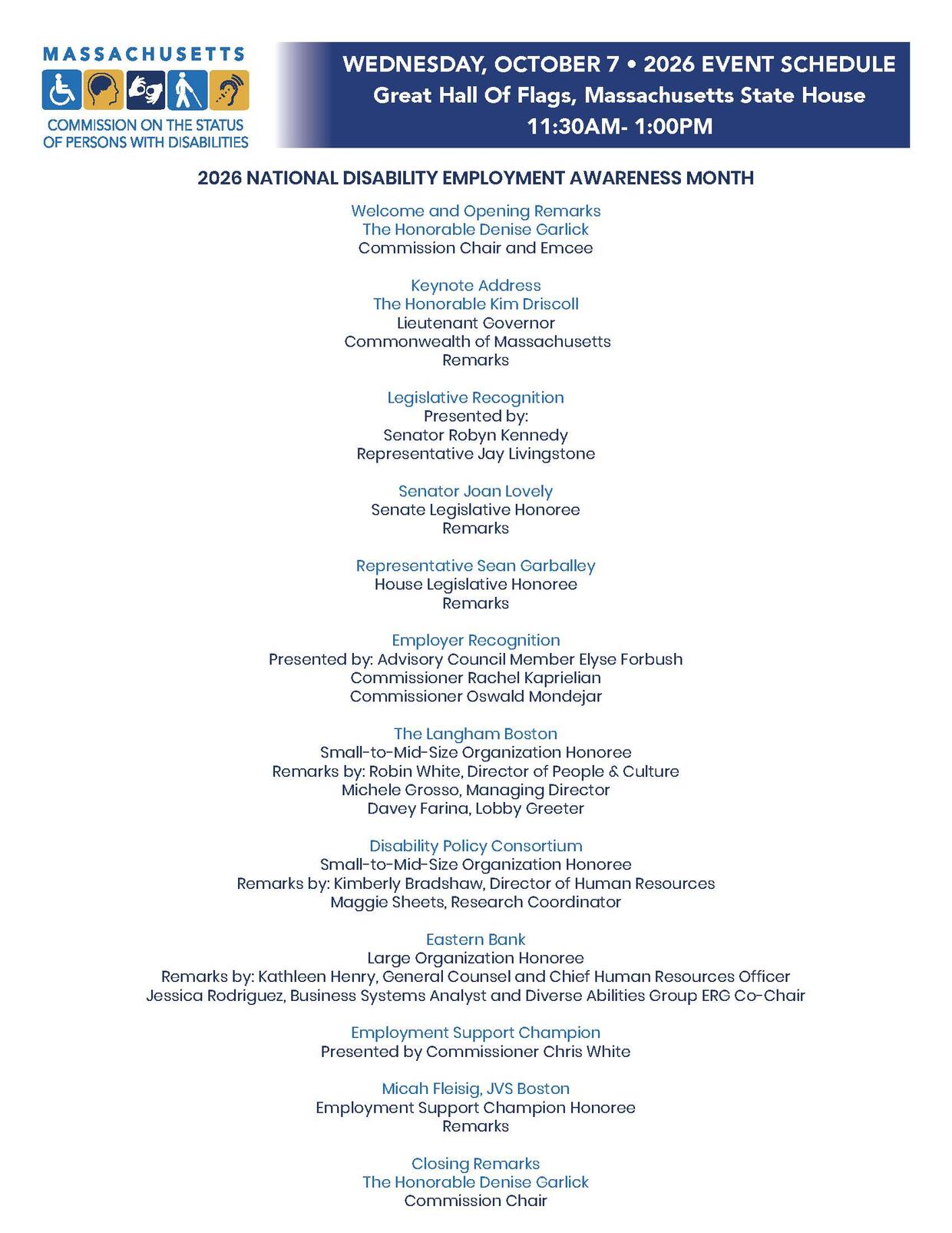 Event schedule for the Commission’s 2026 National Disability Employment Awareness Month Celebration on October 7 at the Massachusetts State House, listing speakers, legislative and employer honorees, an Employment Support Champion, and opening and closing remarks.