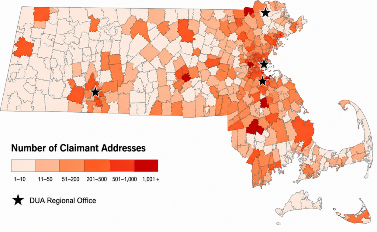 This image is a map showing the number of UI claims submitted during fiscal years 2023 and 2024, broken down by ZIP code within the Commonwealth. Commonwealth ZIP code areas had claims ranging from as few as one claim to as many as 9,772 claims. The map also includes stars to mark DUA’s regional offices in Boston, Brockton, Lawrence, and Springfield.