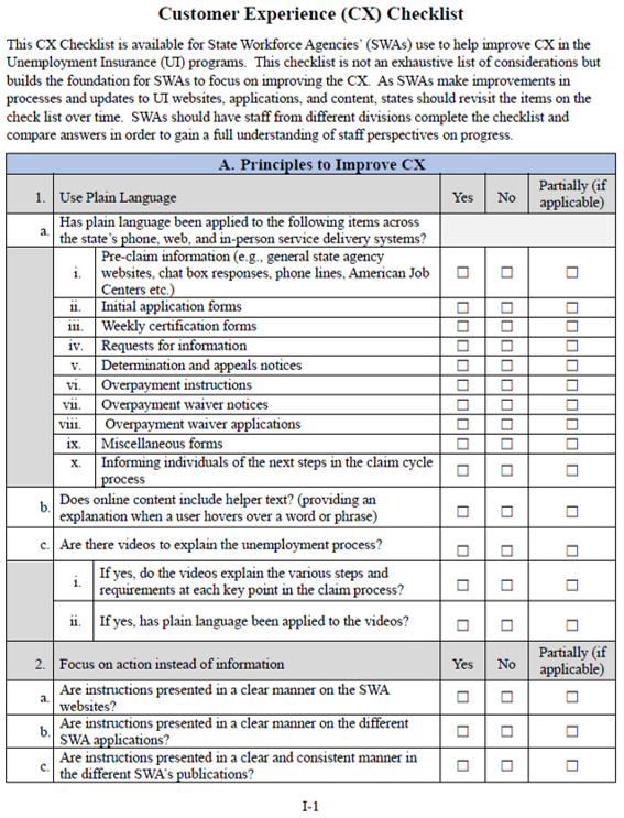 This is an image of the first page of the Employment and Training Administration’s (ETA’s) Customer Experience (CX) Checklist. More information in caption.