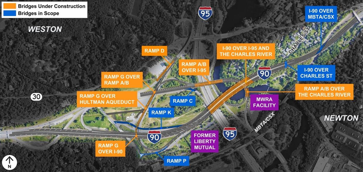Map displaying bridges and ramps near I-90 and I-95 between Newton and Weston, Massachusetts, under construction and in scope.